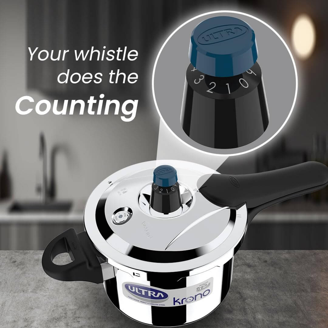 Ultra Triply Krono Pressure Cooker with patented whistle counter technology on a modern kitchen countertop.