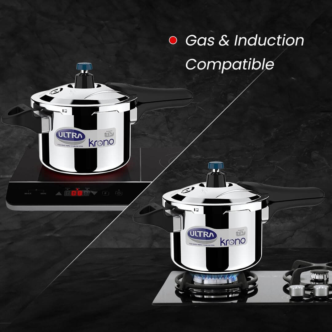 Ultra Triply Krono Pressure Cooker shown on induction and gas stove, highlighting compatibility for versatile cooking options.
