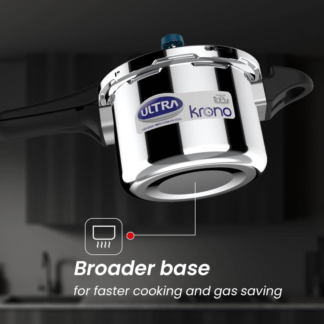 Ultra Krono Pressure Cooker featuring broader base for quicker cooking and gas efficiency, showcasing sleek design and AISI 304 steel.