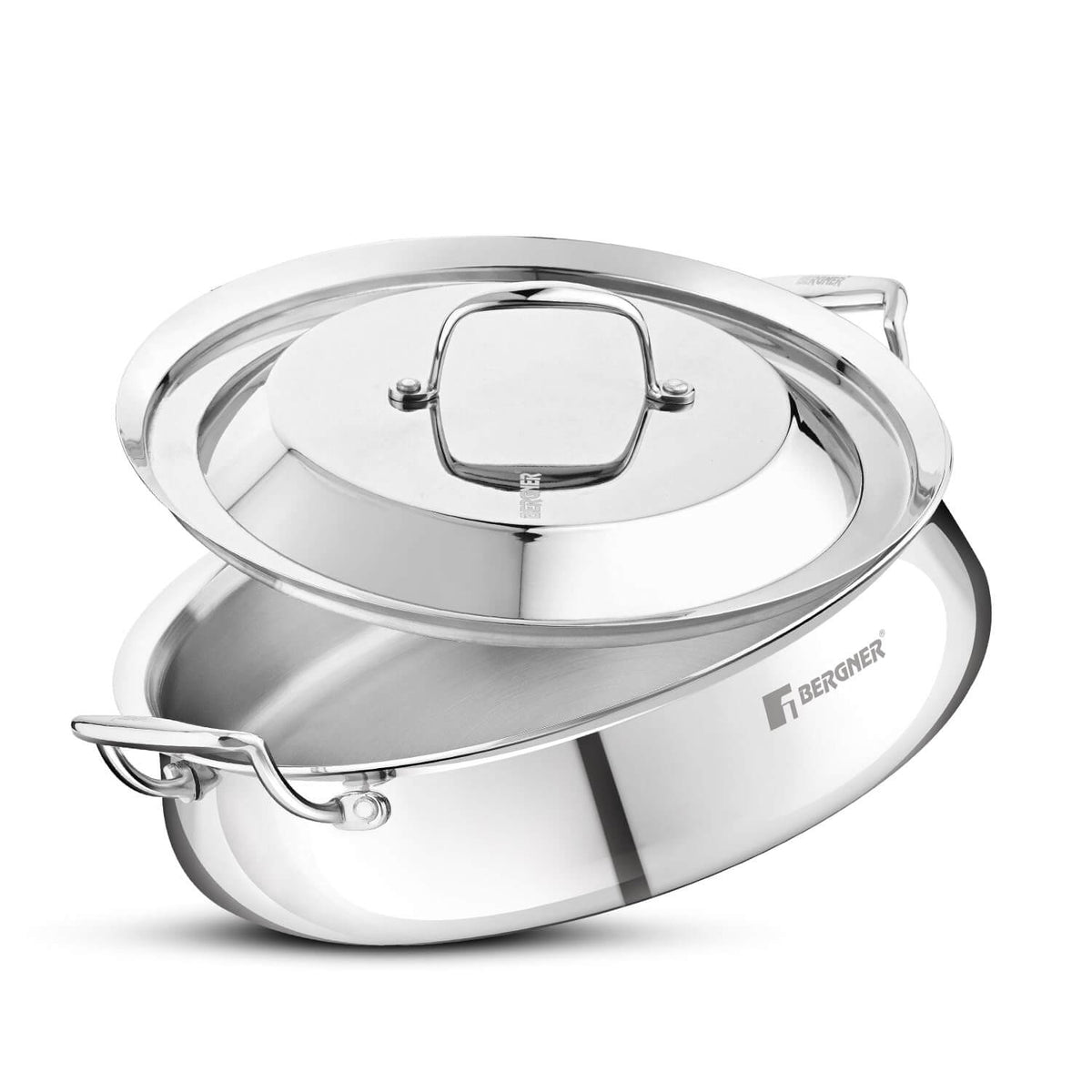 Bergner Argent Samsara Triply Stainless Steel Biryani Handi with lid, induction compatible cookware for efficient cooking.