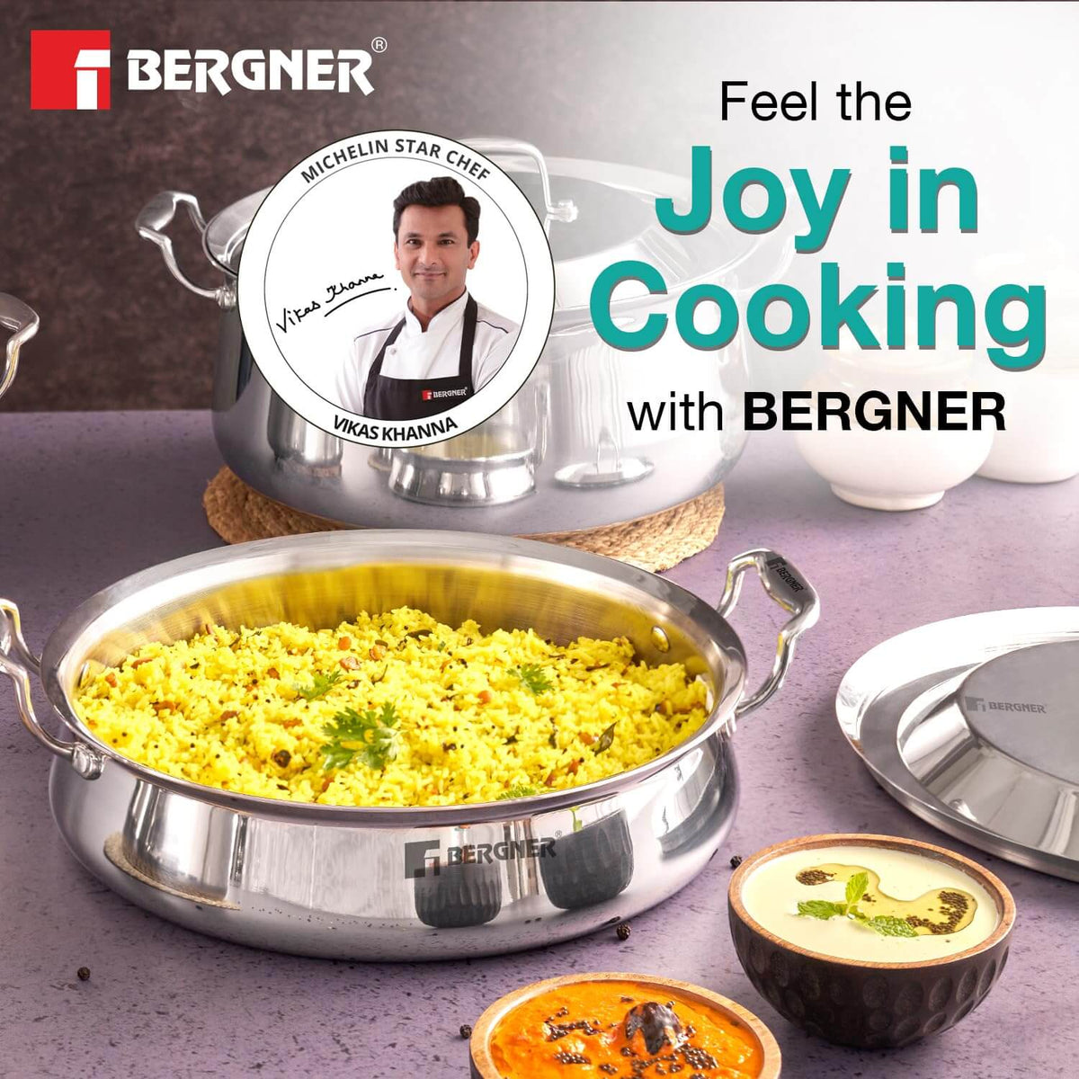 Bergner Samsara Biryani Handi with lid, featuring Michelin Star Chef Vikas Khanna, showcasing delicious biryani.