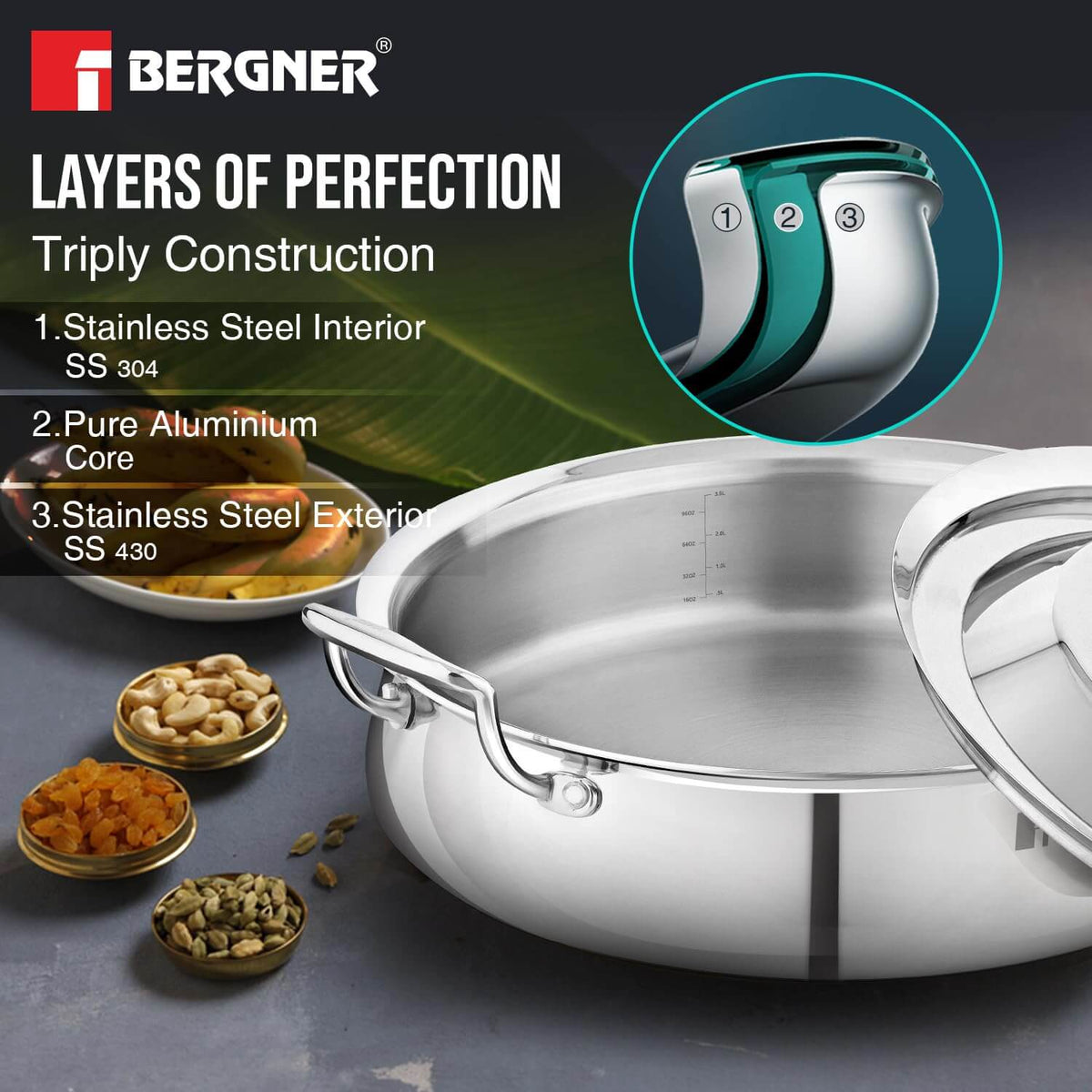 Bergner Argent Samsara Triply Stainless Steel Biryani Handi showcasing layers of construction with stainless steel and aluminum core.