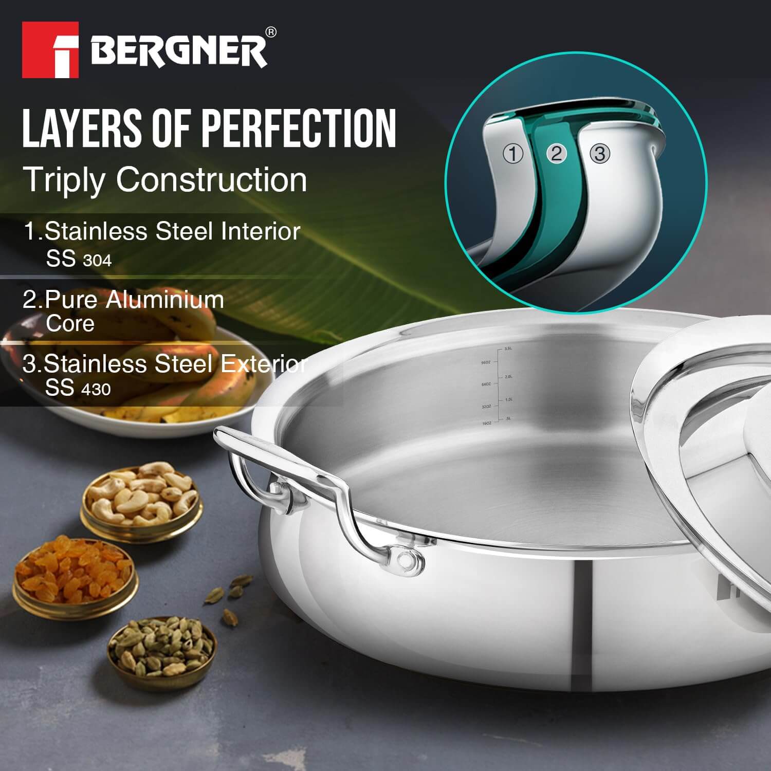 Bergner Argent Samsara Triply Stainless Steel Biryani Handi showcasing layers of construction with stainless steel and aluminum core.