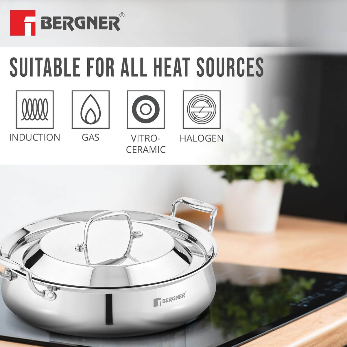Bergner stainless steel cookware with lid, compatible with induction, gas, vitro-ceramic, and halogen heat sources.