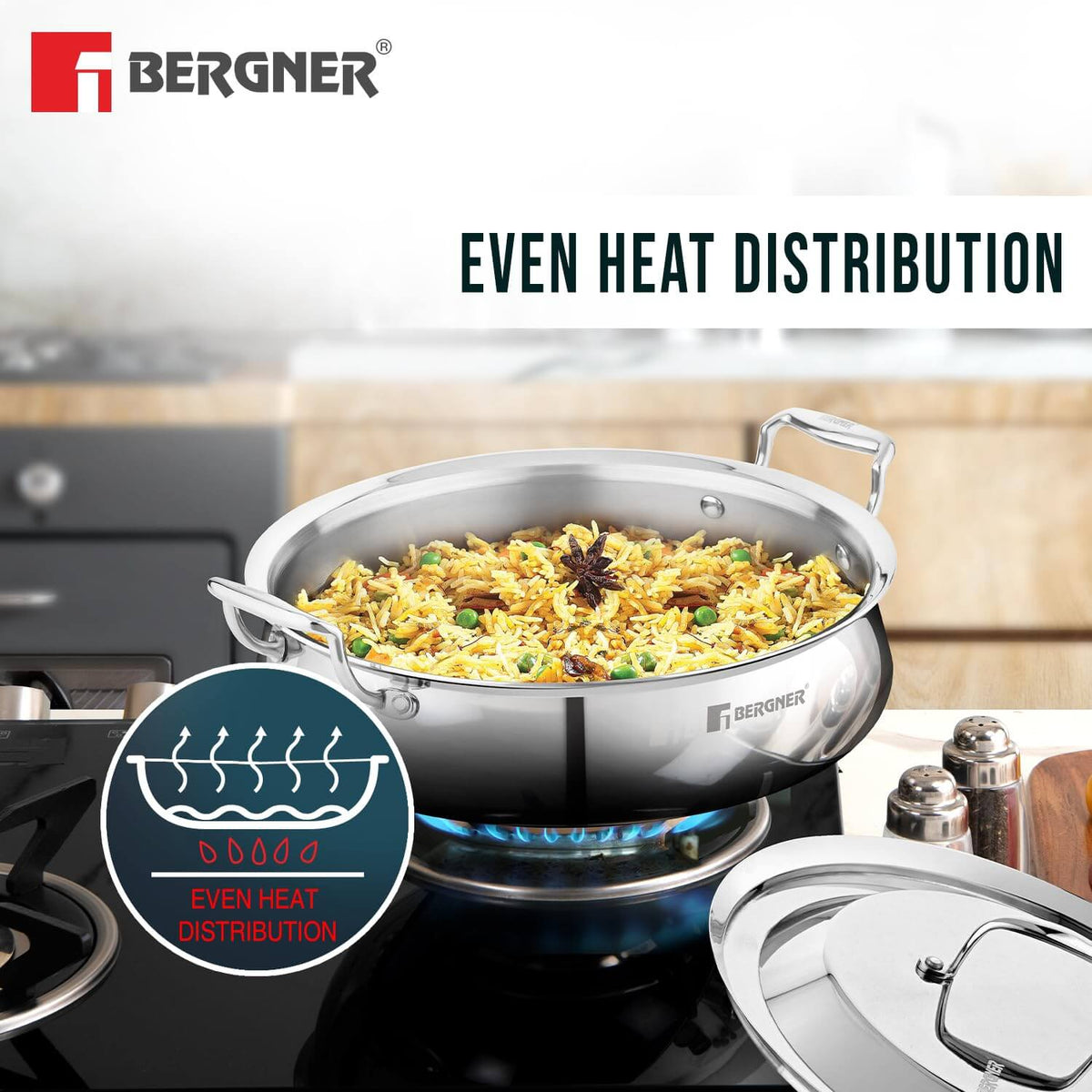 Bergner Argent Samsara Triply Stainless Steel Biryani Handi with lid showcasing even heat distribution for perfect cooking.
