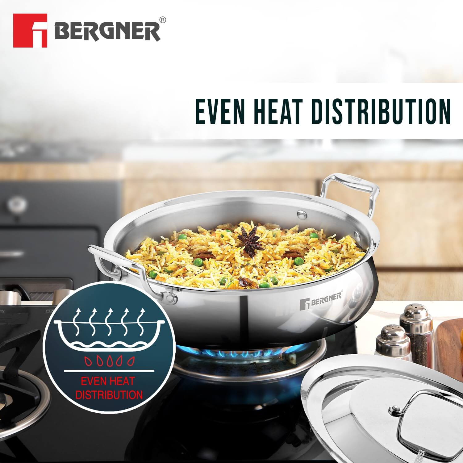 Bergner Argent Samsara Triply Stainless Steel Biryani Handi with lid showcasing even heat distribution for perfect cooking.