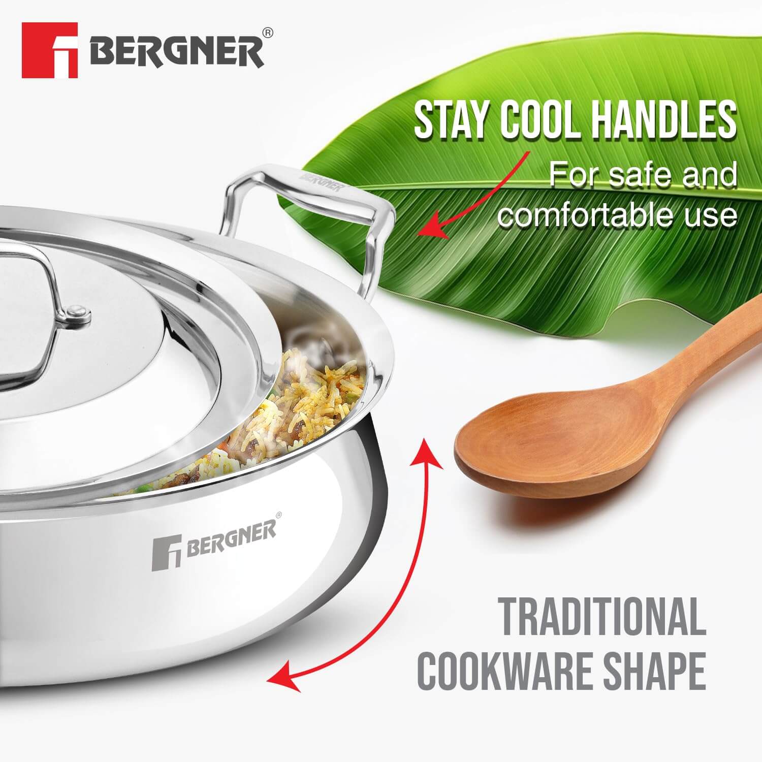 Bergner Samsara stainless steel biryani handi with stay cool handles and traditional cookware shape.