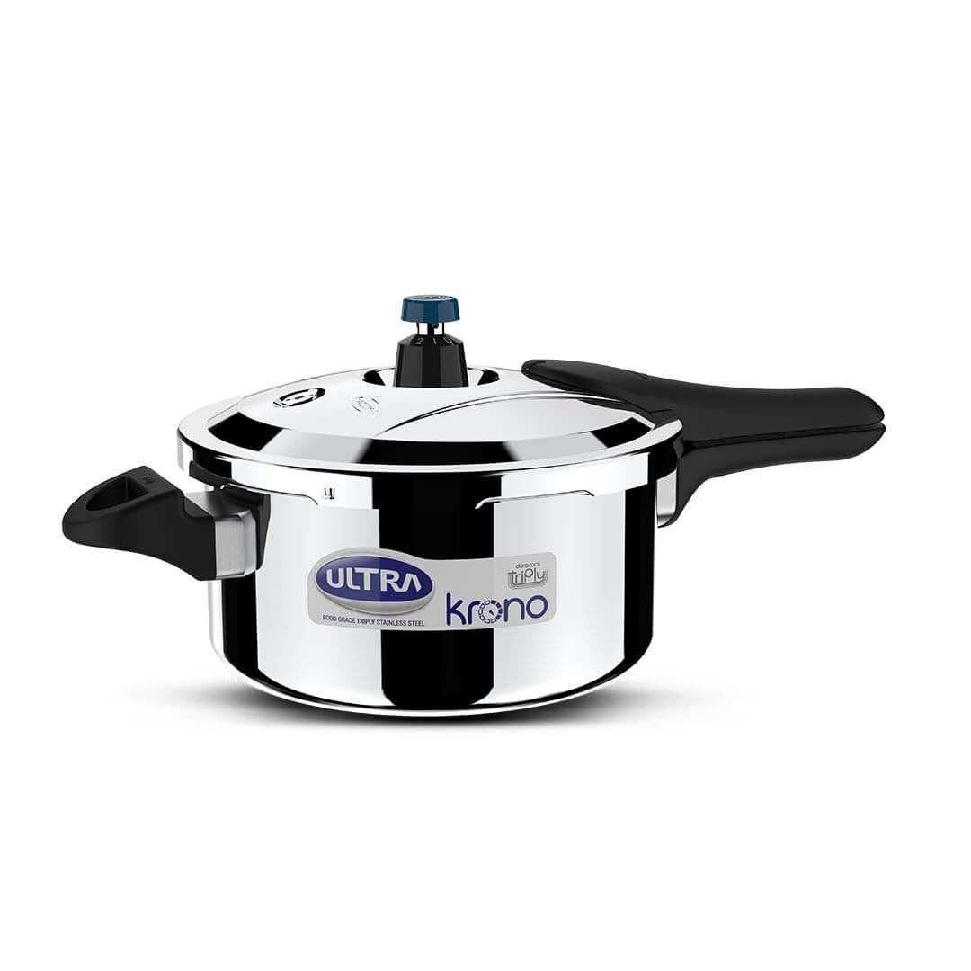 Ultra Triply Krono Pressure Cooker with Whistle Counter in AISI 304 stainless steel for efficient cooking.