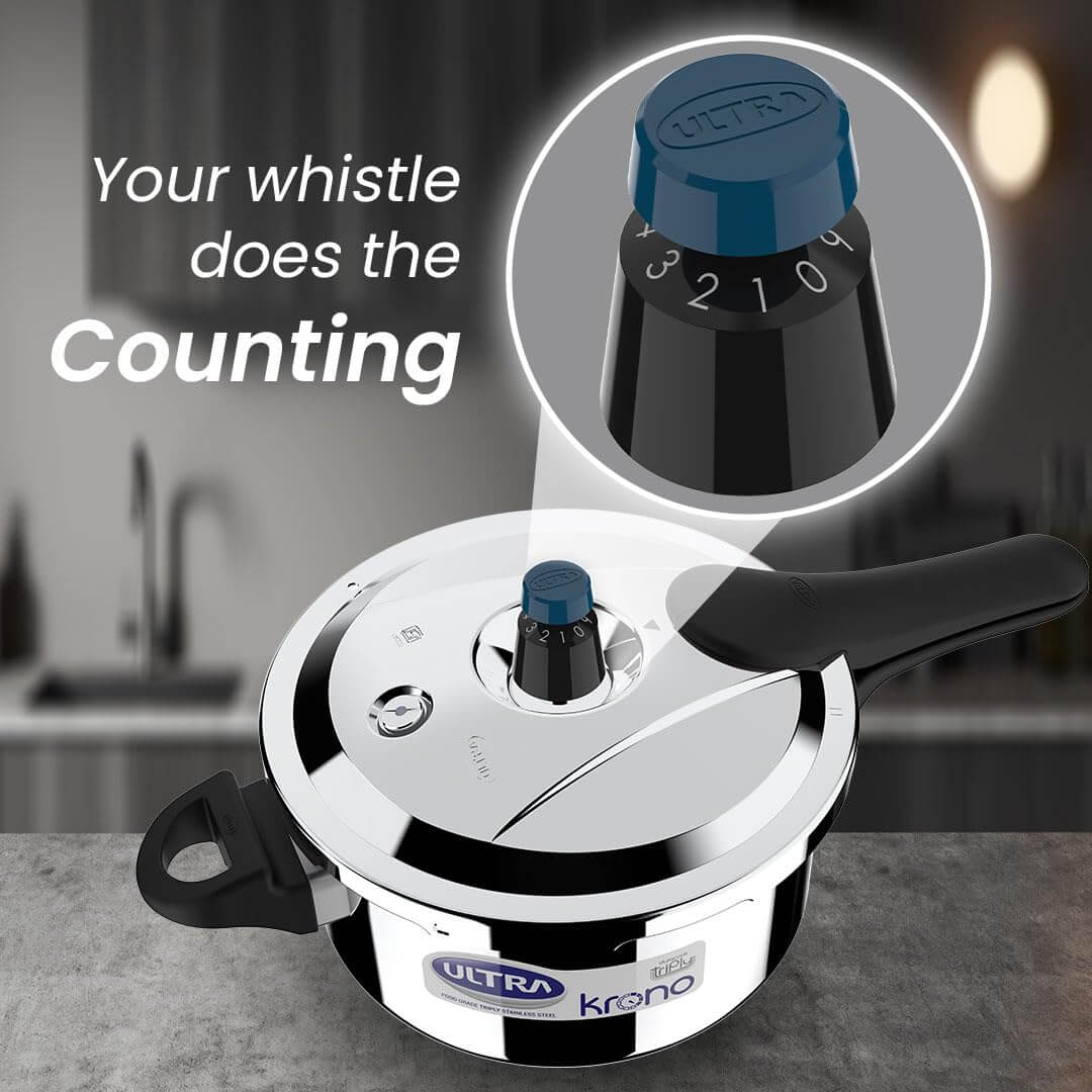 Ultra Triply Krono Pressure Cooker featuring patented whistle counter technology for precise cooking timing.