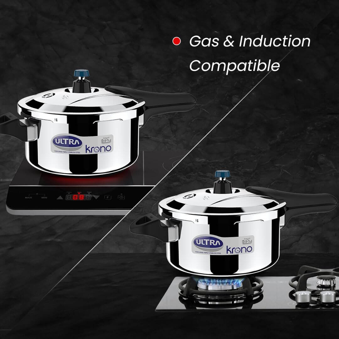 Ultra Triply Krono Pressure Cooker, gas and induction compatible, showcased on electric and gas cooktops.