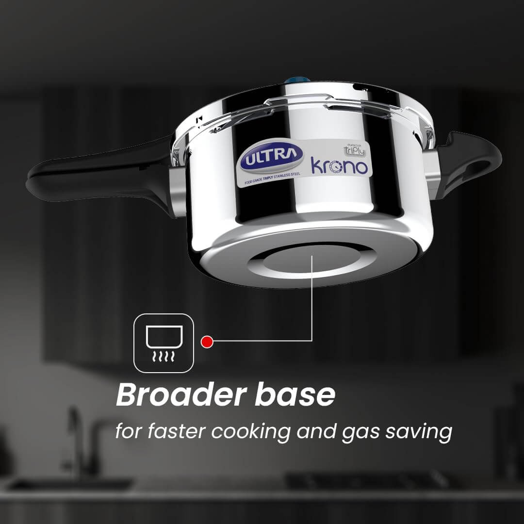 Ultra Krono Pressure Cooker with broader base for efficient cooking and gas saving, designed with AISI 304 stainless steel.