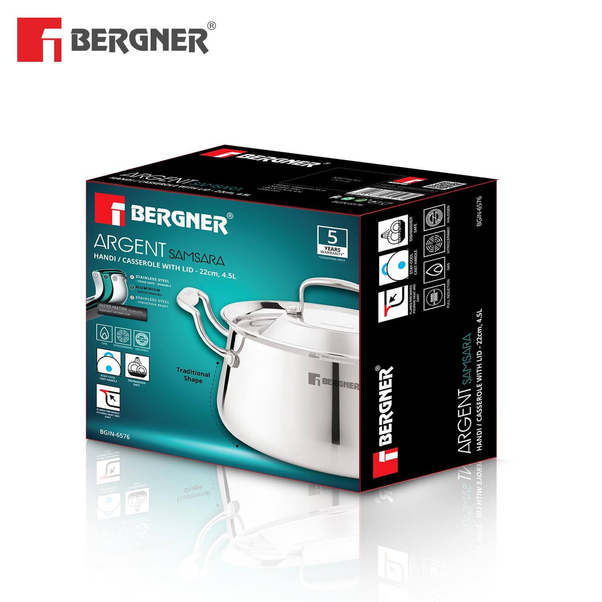 Bergner Argent Samsara Triply Stainless Steel Biryani Handi with Lid packaging for efficient cooking and induction compatibility.