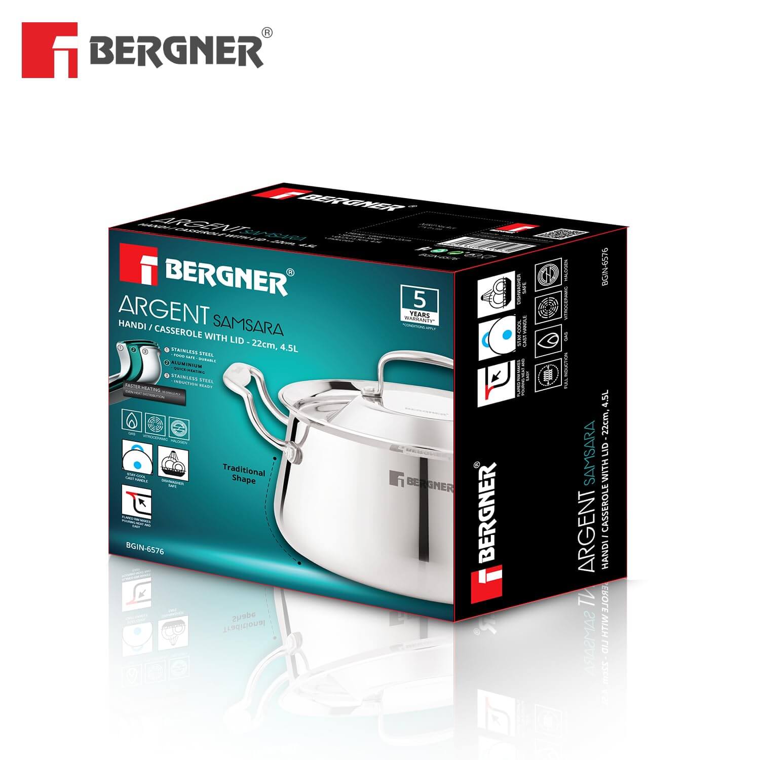 Bergner Argent Samsara Triply Stainless Steel Biryani Handi with Lid packaging for efficient cooking and induction compatibility.