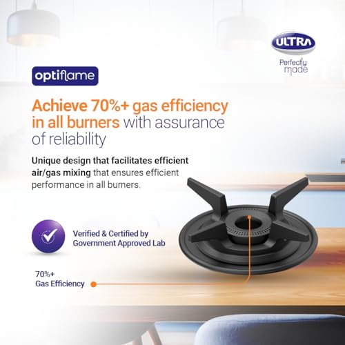Ultra Optiflame 70%+ Efficient Glass Top Gas Stove 4 Forged Brass Burners,10-Years Warranty onBurners,Manual Ignition, ISICertified.Unique Pansupport&Burner Locking For Easy Cleaning,Spacious Design.