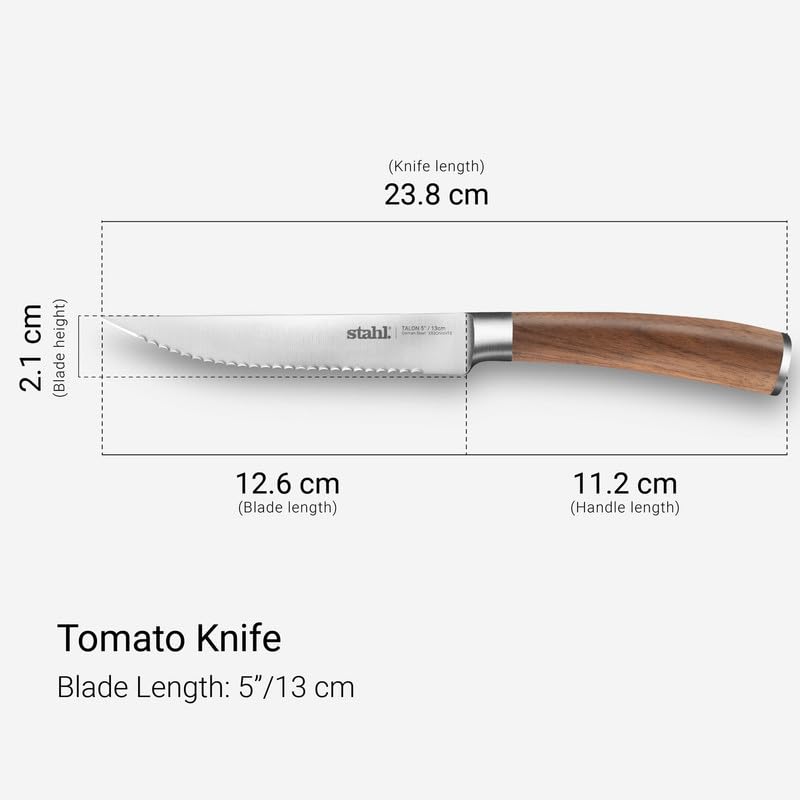 Stahl Talon tomato knife slicing a ripe red tomato into clean even rounds