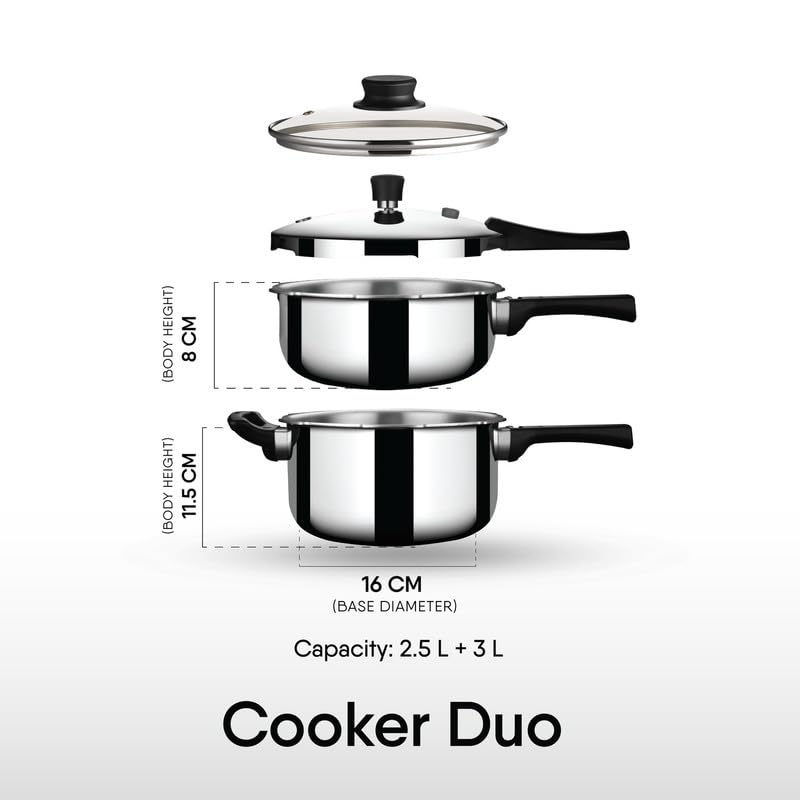 Stahl Xpress Triply Pressure Cooker Combo Set 2.5L & 3L with Glass Lid