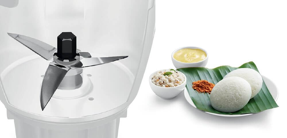 Bosch mixer grinder blade with idli and chutney served on banana leaves.