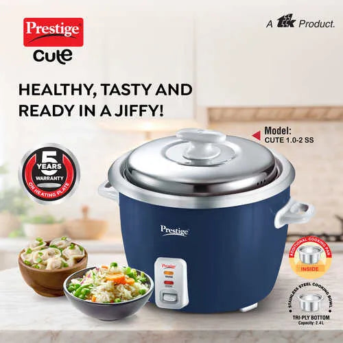 Prestige Cute 1.0-2 SS 400W electric rice cooker in blue and silver with stainless steel lid and cool touch handles