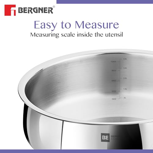 BE Bergner Essentials Tri-Ply Stainless Steel Biryani Handi with Lid, Even Heat Distribution, 5-Year Warranty