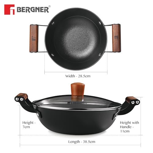 Bergner Odin 28 cm Cast Iron Kadai/Kadhai with Glass Lid, 3.3 L Capacity