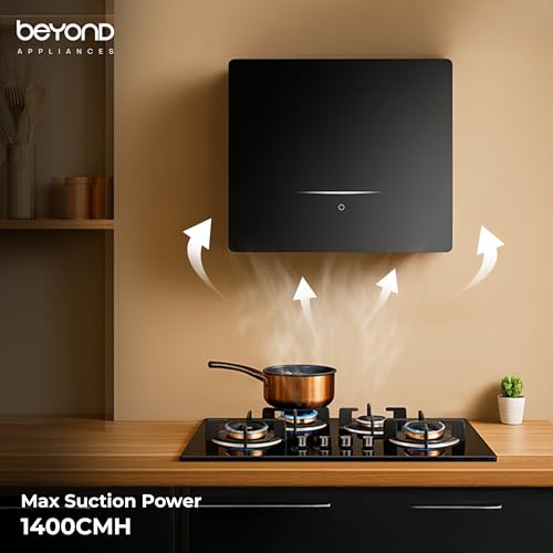 beyond chimney suction power, Black exhaust hood above a stove with 'beyond Appliances' branding, showing max suction power.