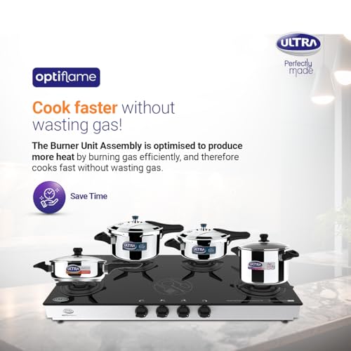 Ultra Optiflame 70%+ Efficient Glass Top Gas Stove 4 Forged Brass Burners,10-Years Warranty onBurners,Manual Ignition, ISICertified.Unique Pansupport&Burner Locking For Easy Cleaning,Spacious Design.