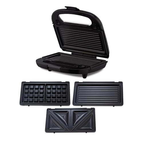 Morphy Richards 3-in-1 sandwich maker with interchangeable plates for toasting, grilling, and waffle making.