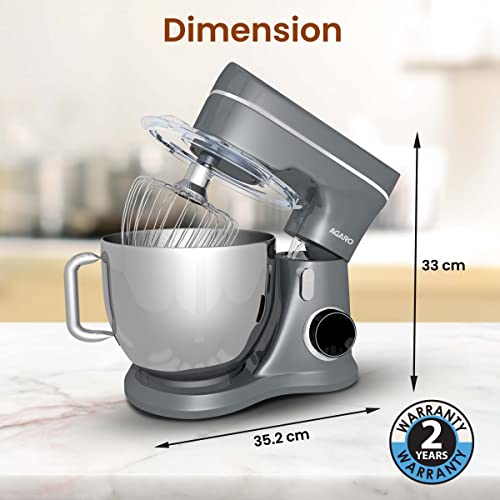 AGARO Elegant Stand Mixer, 1400W with SS Bowl, 10 Speed Settings,  Pulse Function, 100% Copper Motor, Includes Whisker, Beater, Dough Hook,  Dark