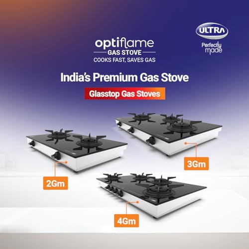 Ultra Optiflame 70%+ Efficient Glass Top Gas Stove 4 Forged Brass Burners,10-Years Warranty onBurners,Manual Ignition, ISICertified.Unique Pansupport&Burner Locking For Easy Cleaning,Spacious Design.