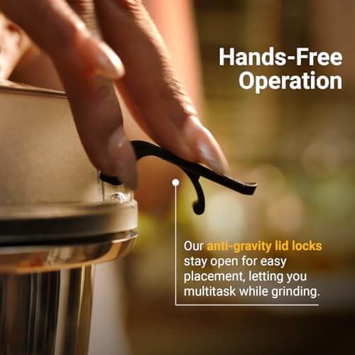 Hands-free operation of Atomberg mixer grinder with anti-gravity lid lock for multitasking convenience.