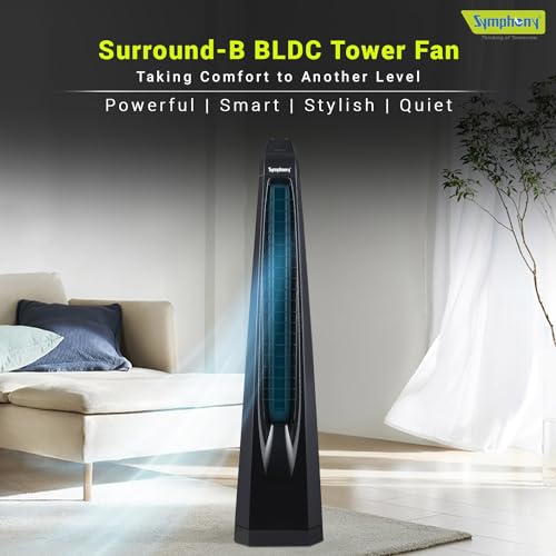 Symphony Surround B Tower Fan For Home with BLDC Turbo Throw, Touchscreen Control Panel, Remote Control and Low Power Consumption (Black)