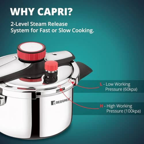 Bergner Capri pressure cooker with Turn-Open-Lift mechanism and adjustable pressure settings