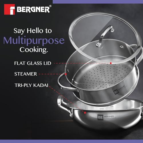 Bergner Tri-Ply Stainless Steel Cookware Set - 24cm Kadai, Steamer with Glass Lid, Induction Compatible