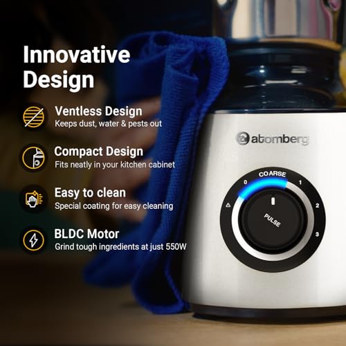Atomberg Zenova 550W Mixer Grinder showcasing innovative design features: ventless, compact, easy to clean, and a powerful BLDC motor.