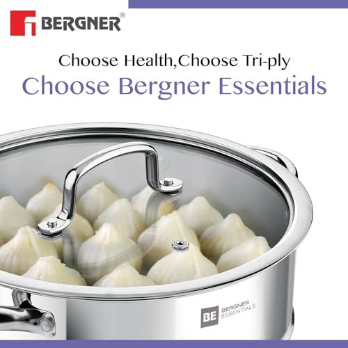 Bergner Tri-Ply Stainless Steel Cookware Set - 24cm Kadai, Steamer with Glass Lid, Induction Compatible