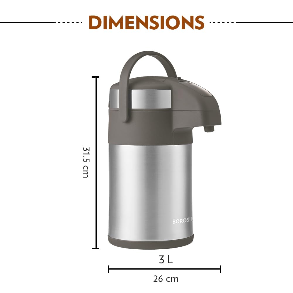 Borosil Hydra Airpot 3 L Stainless Steel Vacuum Insulated Beverage Dispenser with Handle, Pump, 360° Rotation Mechanism & Safety Lock, Leak Proof 24 Hrs Hot & Cold Tea/Coffee Serving Thermos Flask