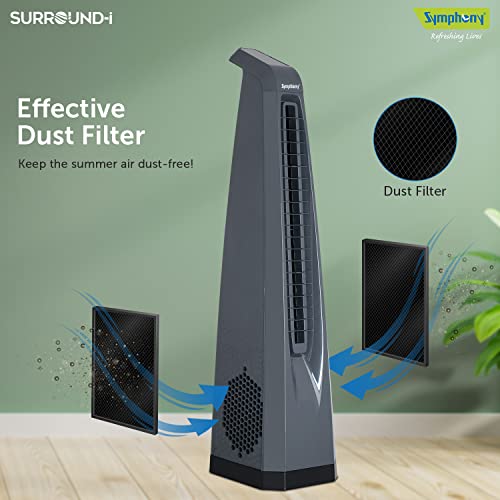 Symphony Surround-i High Speed Bladeless Technology Tower Fan for Home With Touchscreen Control Panel, Remote, and Swivel Action (Grey)
