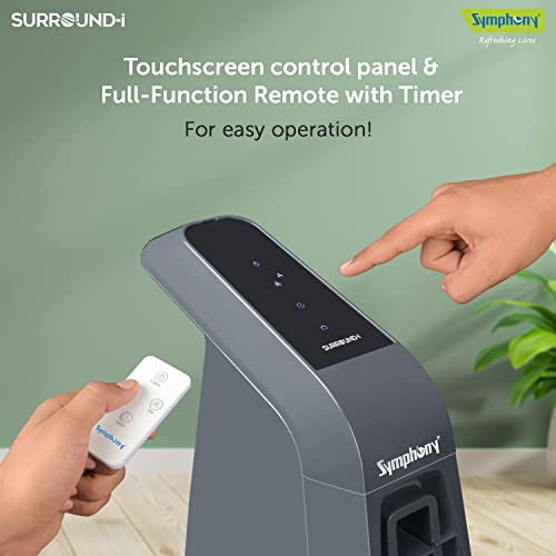 Symphony Surround-i High Speed Bladeless Technology Tower Fan for Home With Touchscreen Control Panel, Remote, and Swivel Action (Grey)