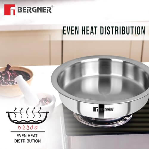 Bergner Argent TriPly stainless steel kadai showcasing even heat distribution for efficient cooking.