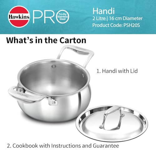 Silver Hawkins stainless steel handi with ergonomic handles and matching lid