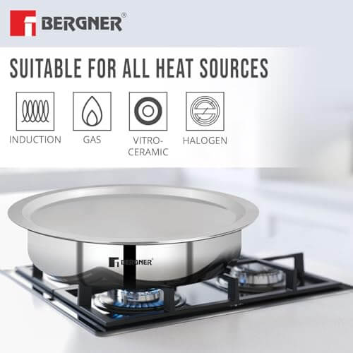 Bergner cookware on a stove, compatible with induction, gas, vitro-ceramic, and halogen heat sources.