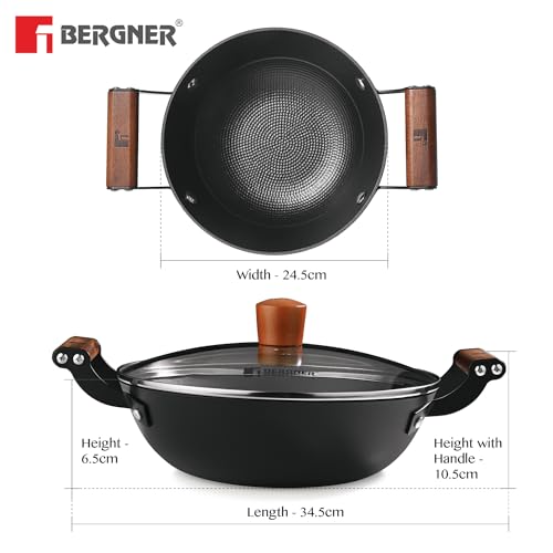 Bergner Odin 24 cm Cast Iron Kadai/Kadhai with Glass Lid, 2.2 L Capacity