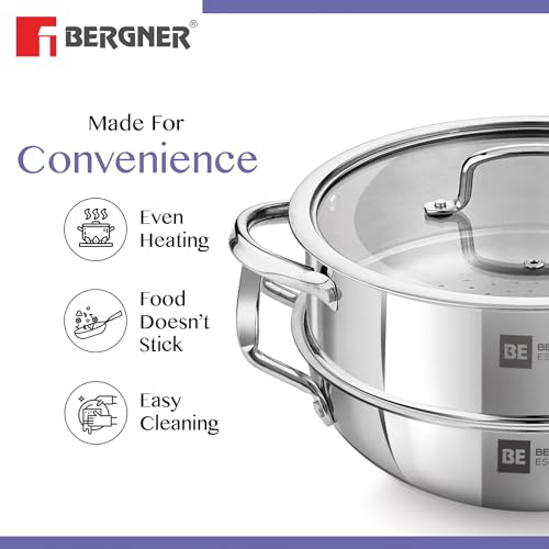 Bergner Tri-Ply Stainless Steel Cookware Set - 24cm Kadai, Steamer with Glass Lid, Induction Compatible