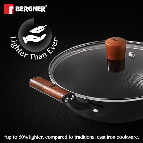 Bergner Odin 24 cm Cast Iron Kadai/Kadhai with Glass Lid, 2.2 L Capacity