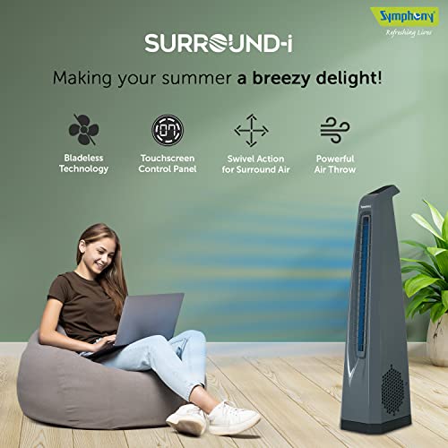 Symphony Surround-i High Speed Bladeless Technology Tower Fan for Home With Touchscreen Control Panel, Remote, and Swivel Action (Grey)