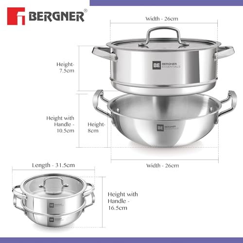 Bergner Tri-Ply Stainless Steel Cookware Set - 24cm Kadai, Steamer with Glass Lid, Induction Compatible