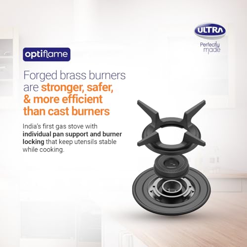 Ultra Optiflame 70%+ Efficient Glass Top Gas Stove 4 Forged Brass Burners,10-Years Warranty onBurners,Manual Ignition, ISICertified.Unique Pansupport&Burner Locking For Easy Cleaning,Spacious Design.