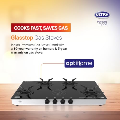 Ultra Optiflame 70%+ Efficient Glass Top Gas Stove 4 Forged Brass Burners,10-Years Warranty onBurners,Manual Ignition, ISICertified.Unique Pansupport&Burner Locking For Easy Cleaning,Spacious Design.