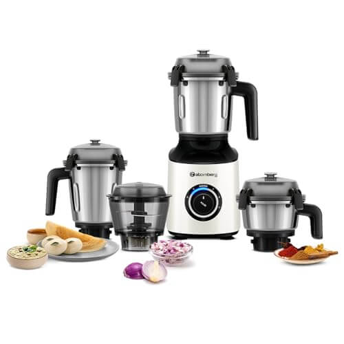 Atomberg Zenova 550W Mixer Grinder with 4 jars and ingredients for traditional cooking in pearl white.