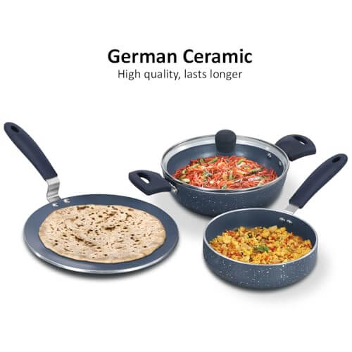 Hawkins Ceramic Nonstick 3-Piece Kitchen Gift Set - Deep Kadhai, Frying Pan, Tava
